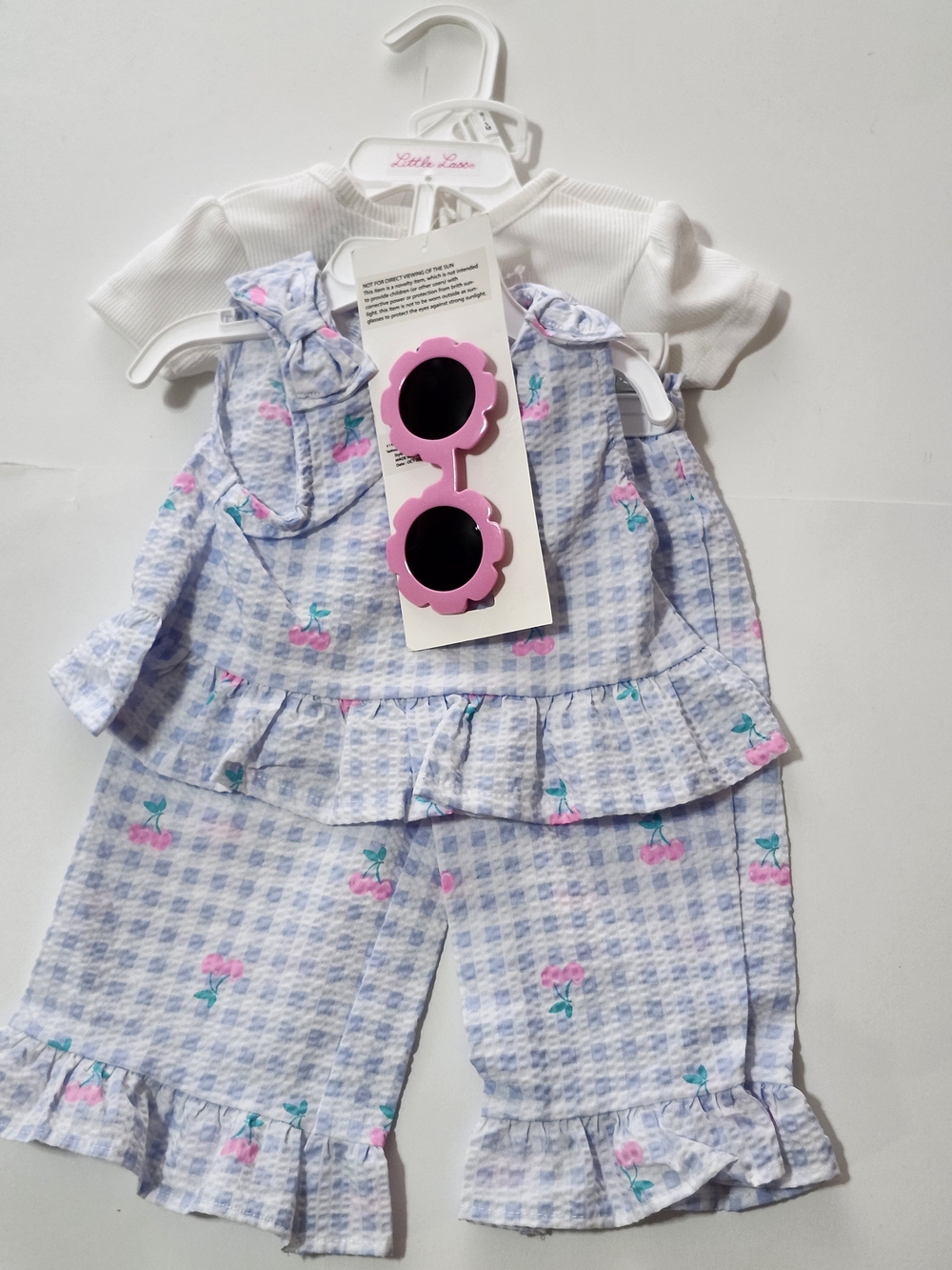 Blue Gingham Cherry Ruffle Three-Piece Set with Pink Sunglasses